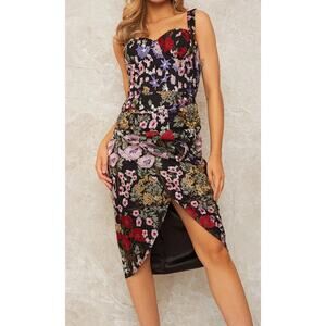 Chi Chi London Dress Womens 8 Sleeveless Corset Style Embroidered Bodycon Black